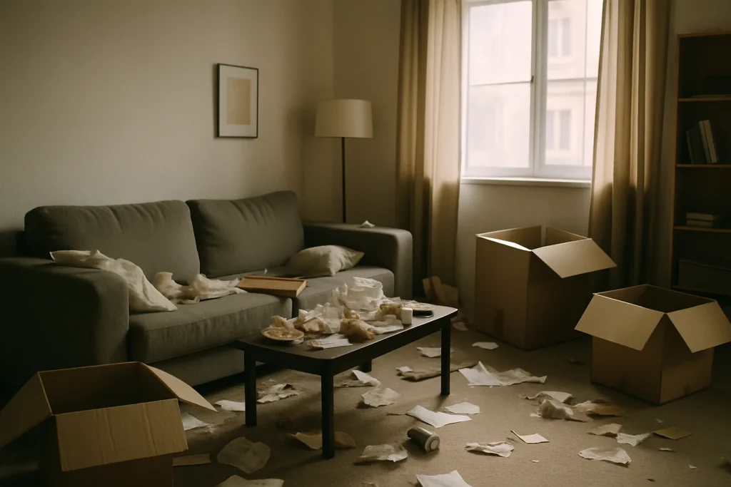 Salon encombré de déchets avec lumière douce, objets éparpillés.