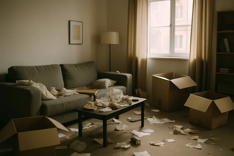 Salon encombré de déchets avec lumière douce, objets éparpillés.
