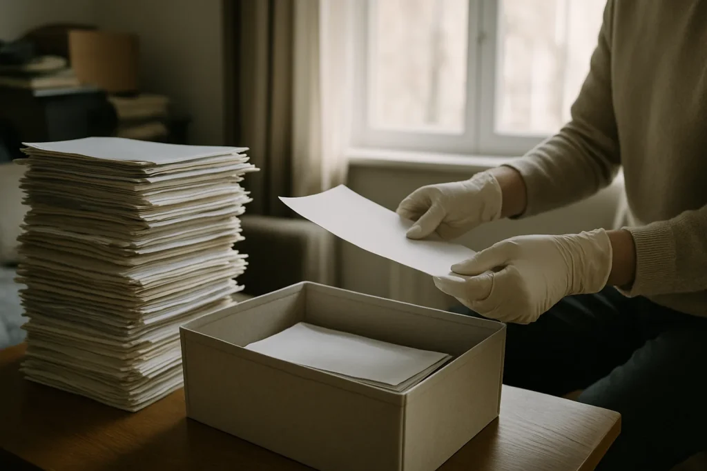 Mains gantées triant des documents dans un espace encombré, lumière douce