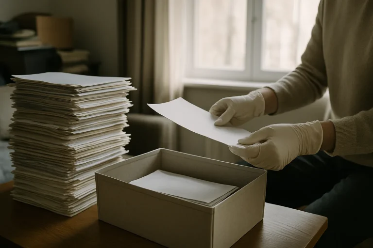 Mains gantées triant des documents dans un espace encombré, lumière douce