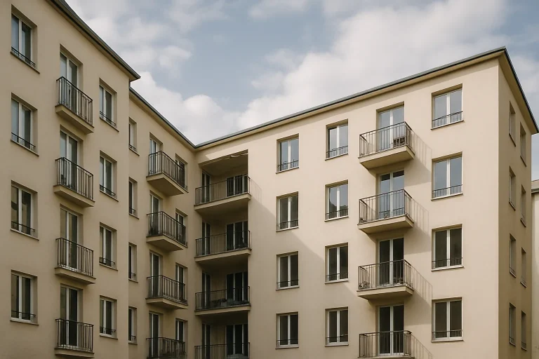 Façade d'immeuble avec cour intérieure et balcons, sous un ciel nuageux
