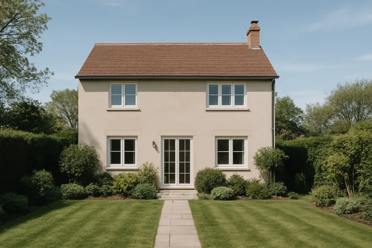 Maison rénovée avec jardin entretenu et ciel bleu, prête à être vendue.