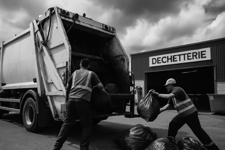 Camion de déchets à l'entrée d'une déchetterie, travailleurs en action.