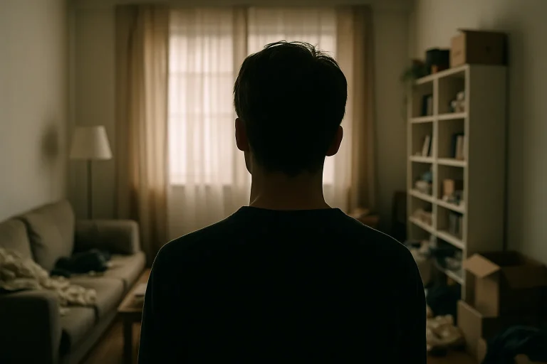 Personne de dos regardant un appartement encombré, intérieur à Calais.